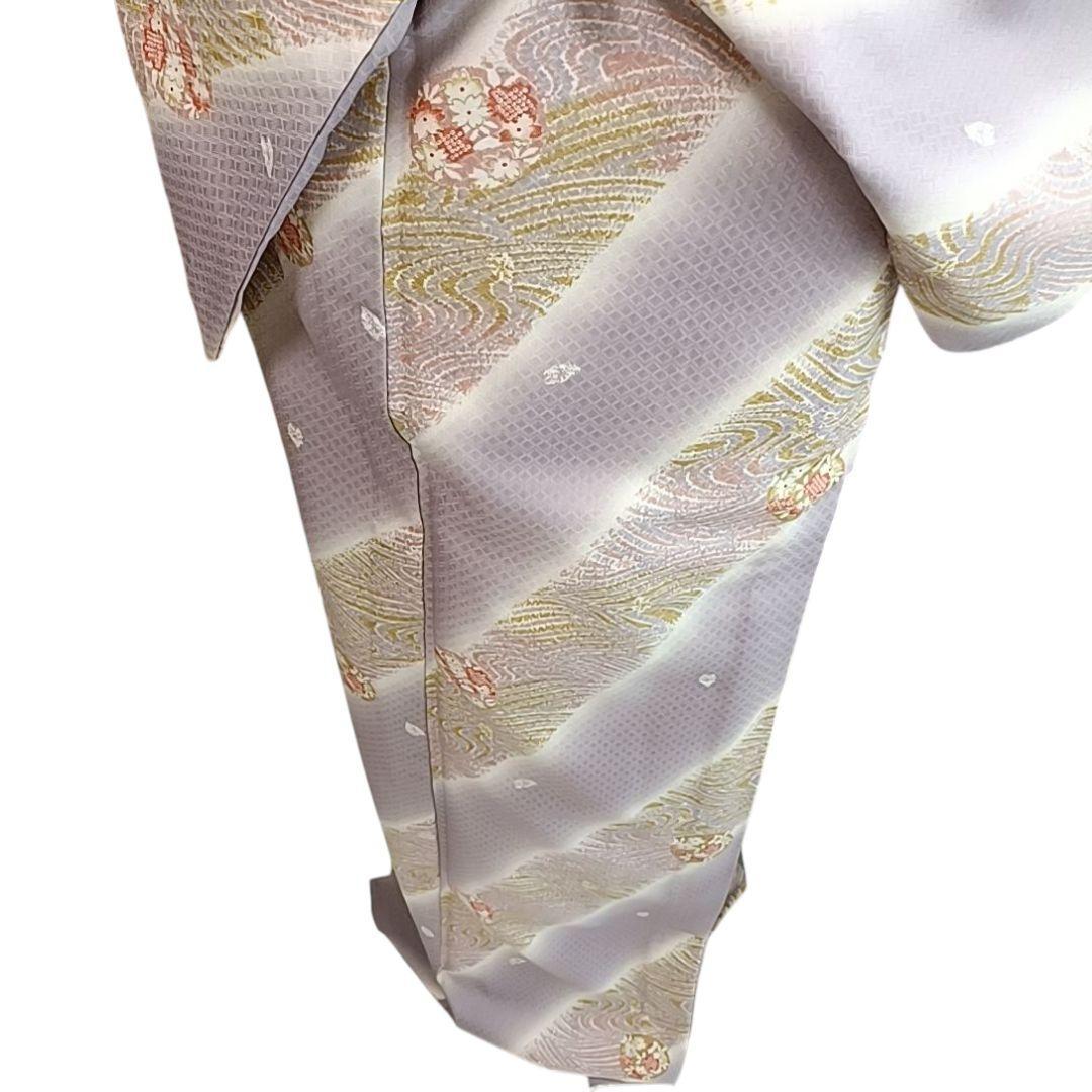 ち*ぃ様 610 華 単衣 着物 小紋 地紋 花 しぼり調 丸に花 紫 白