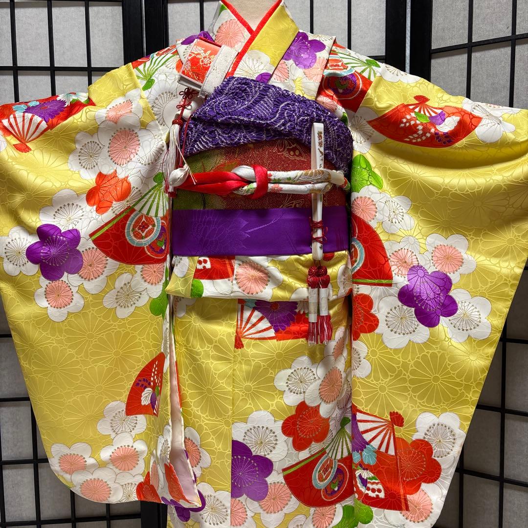 七五三　着物セット　7歳　5歳　レモンイエロー　黄色　キュート　ポップ　個性的