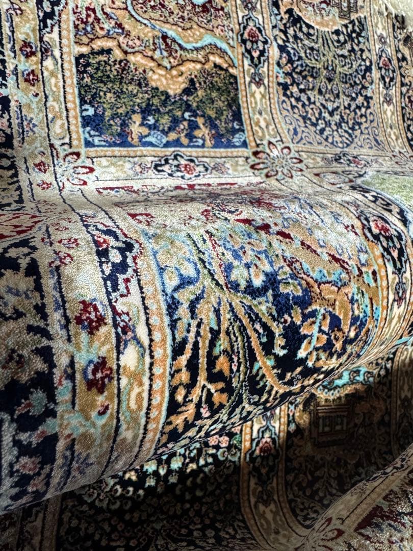 イラン製 ペルシャ絨毯 カシャーン 優雅な艶　高密度 ベージュ×ブルー