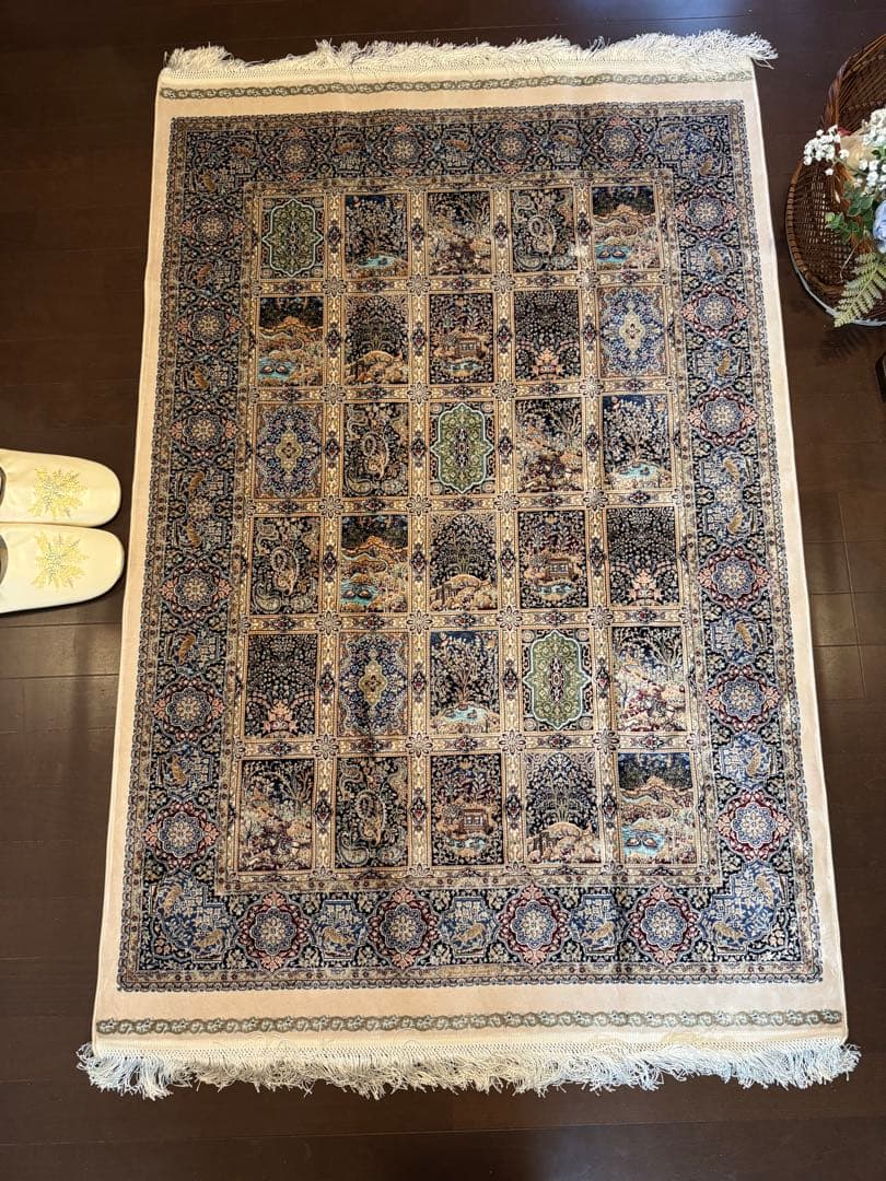 イラン製 ペルシャ絨毯 カシャーン 優雅な艶　高密度 ベージュ×ブルー