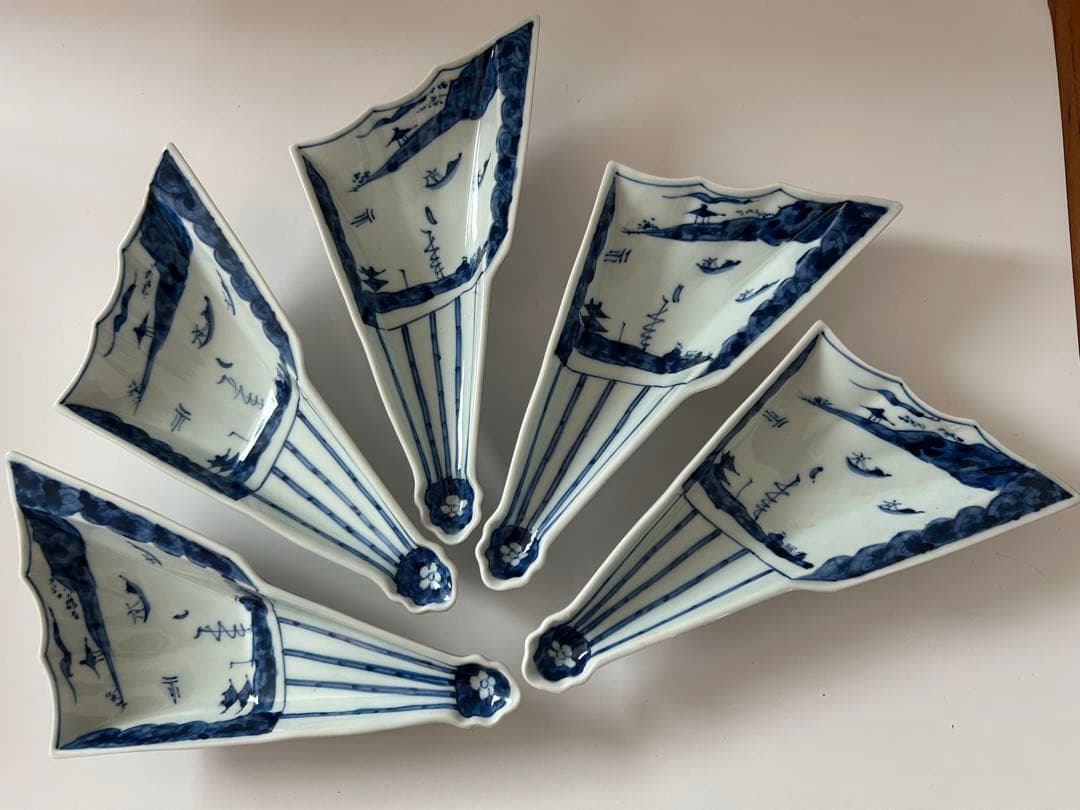 宮内庁御用達 真玉園 南京写 染付 扇型 加藤靖彦作 5客揃 瀬戸無形文化財