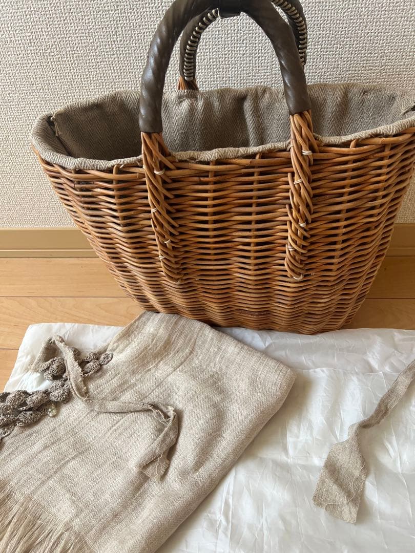 大容量 籐製かごバッグ ベージュ系