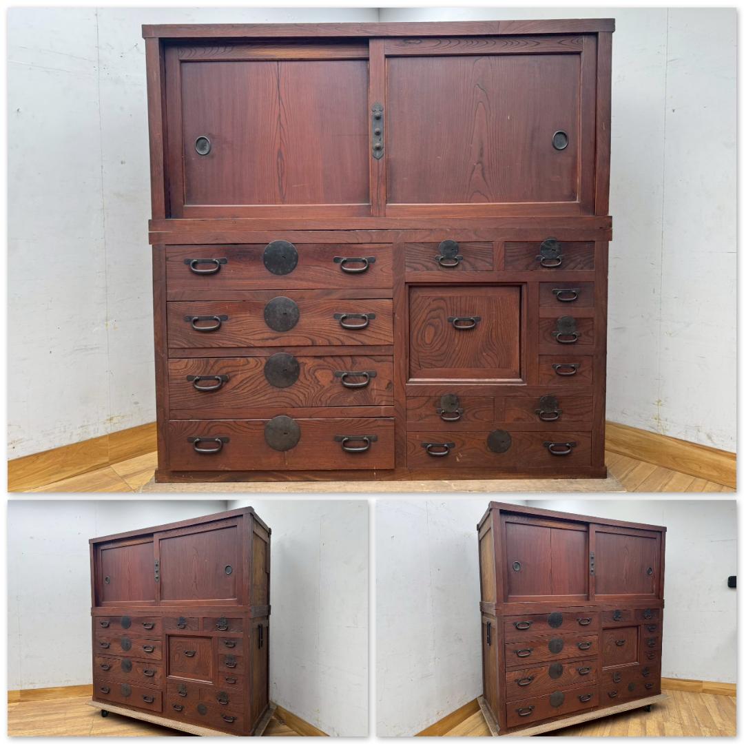 T1572☆水屋　食器棚　和箪笥　和家具　アンティーク　大型　時代箪笥　大正時代