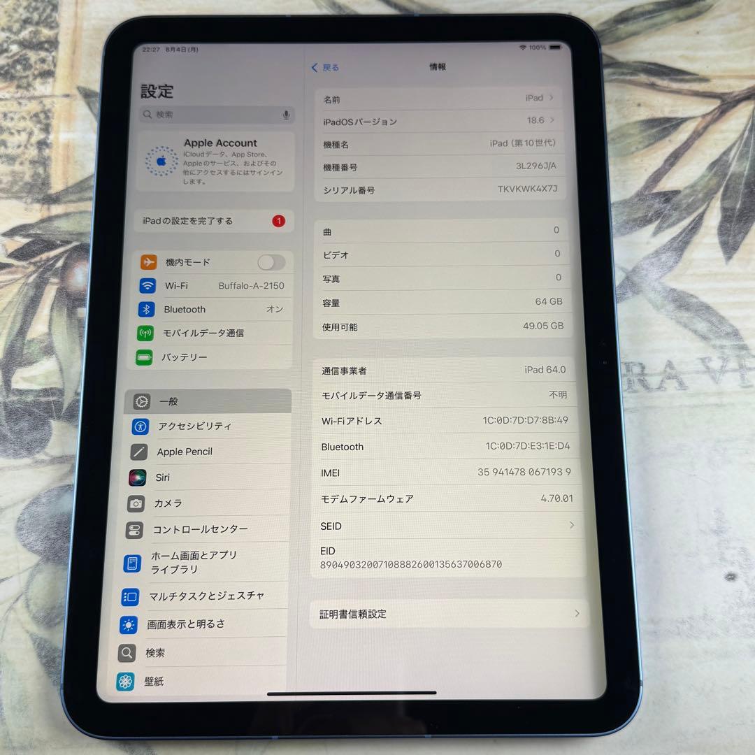 iPad 10世代 64GB Wi-Fi Cellular ブルー SIMフリー