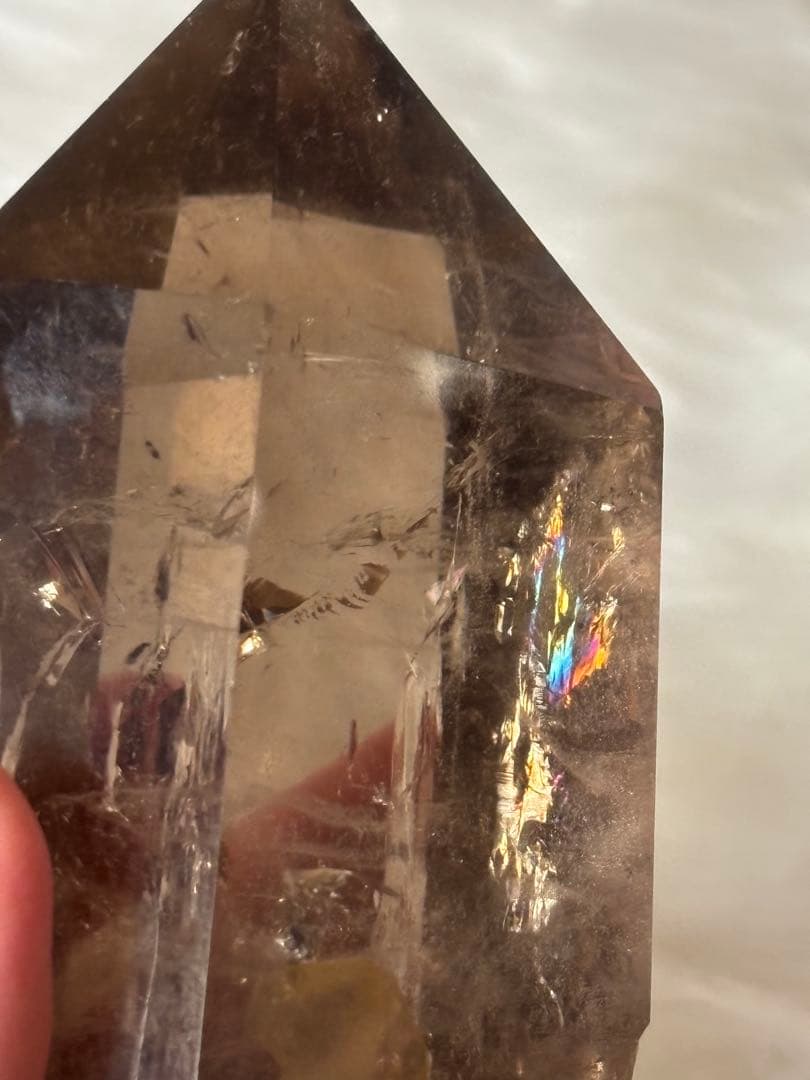 スモーキークォーツ　ポイント　六角柱　太め　725g レインボー　透明度　美麗