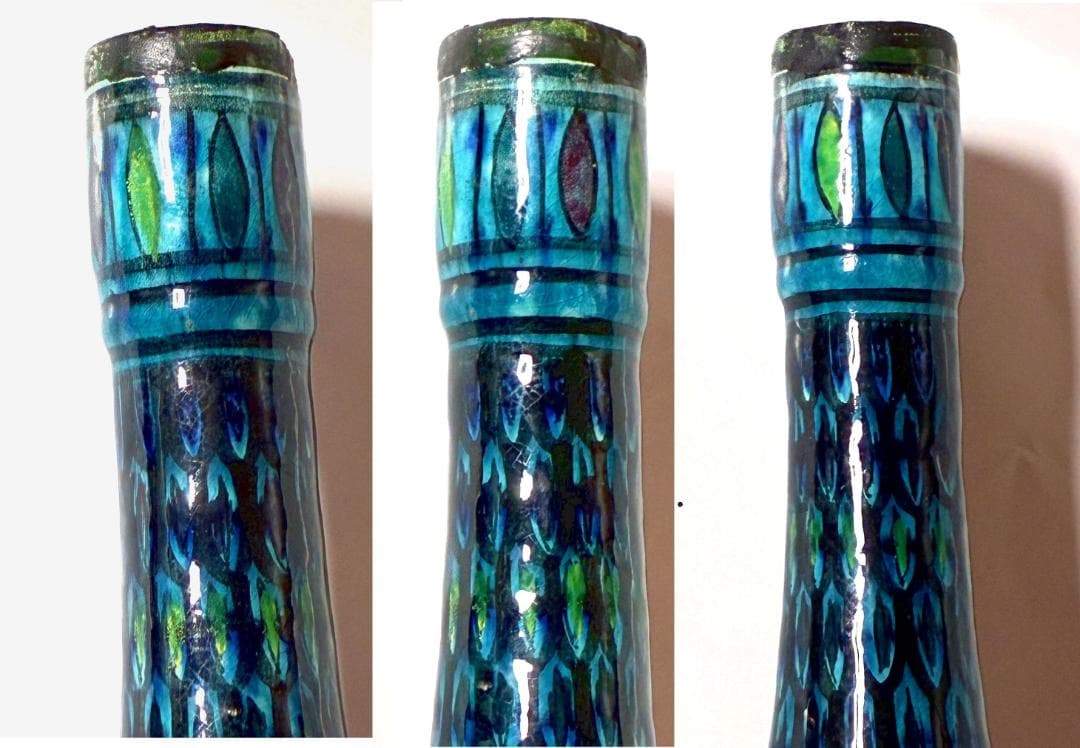 ターコイズグリーンに黒や色とりどりの細首ボトル❁幾何学的 うろこ模様・少し漏れ有