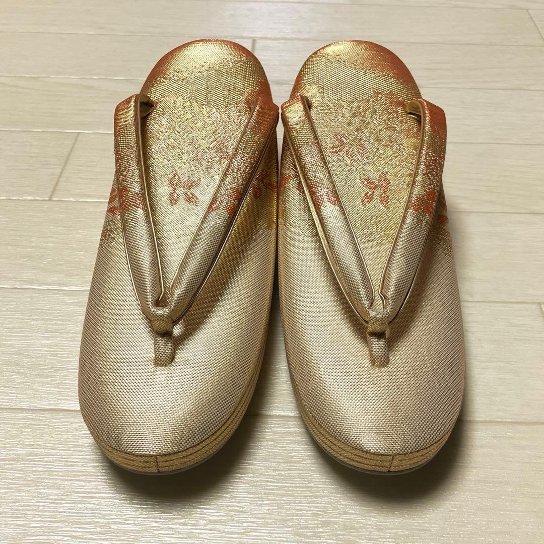 《未使用》佐賀錦　草履バッグセット　東京芝山ブランド　正絹　ゴールド　厚底