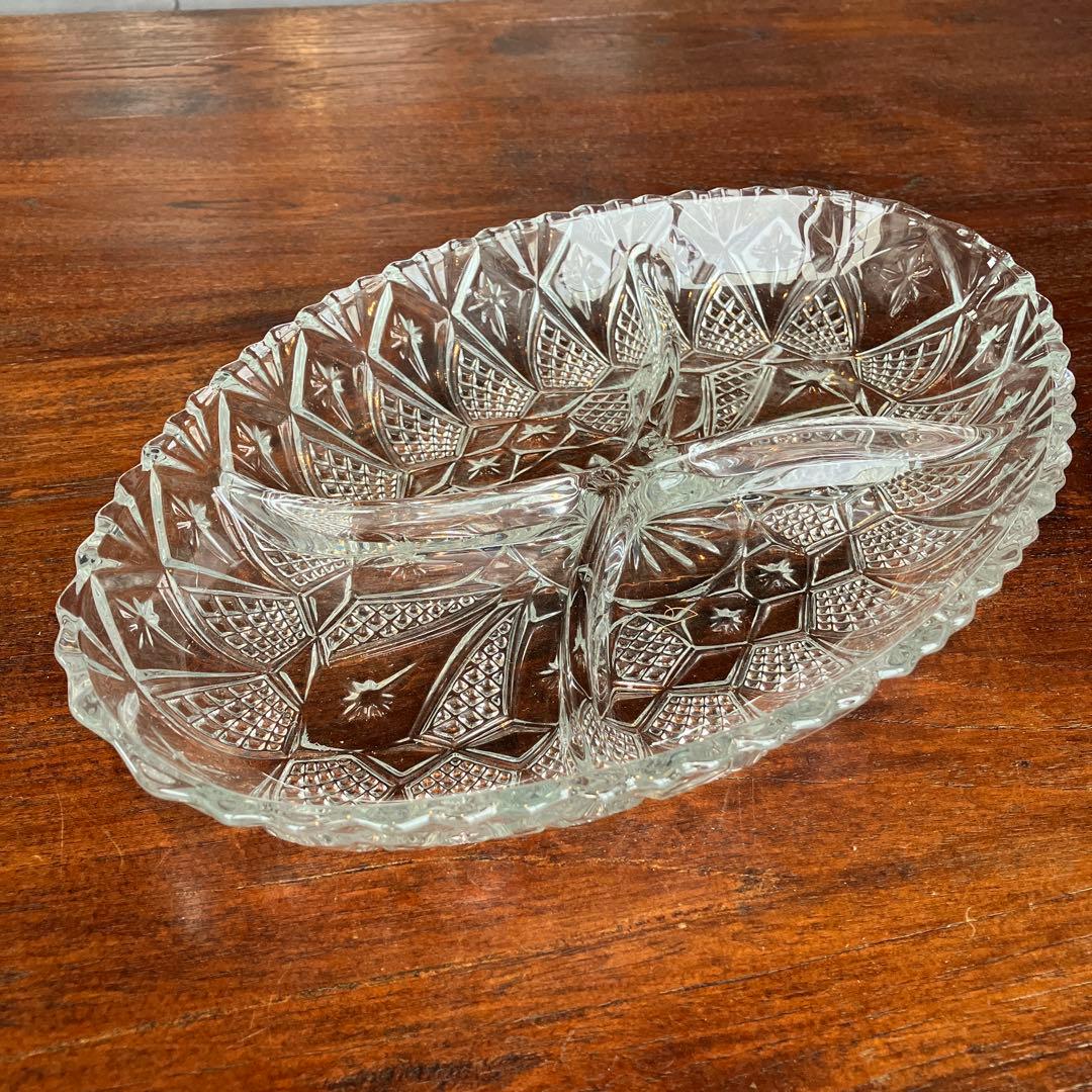 フランスアンティーク オードブルガラスプレート 4仕切 切子