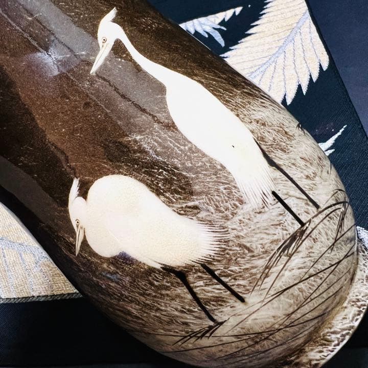 現川焼　臥牛窯　長崎県無形文化財指定十三代横石臥牛作　刷毛目　白鷺文　花瓶　花入