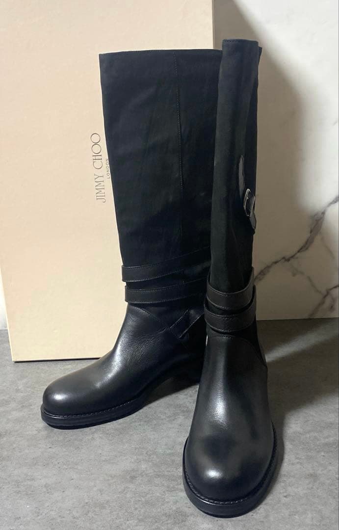 JIMMY CHOO ロングブーツ アーモンドトゥ スエード レザー 38 黒