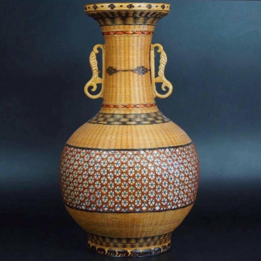 中国古玩　竹細工竹編　大型双耳天球瓶　花瓶。