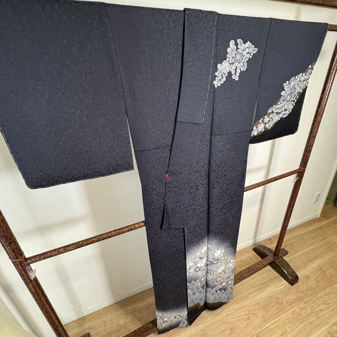 秋冬　しつけ付　林淳一　作家物　辻が花　着物　訪問着　162 現代　墨色　黒