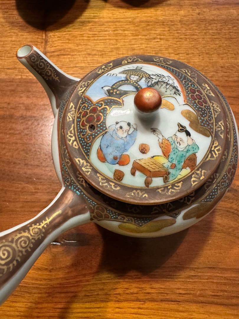 【希少品】大正期　骨董品　古九谷　急須/ 湯冷まし/茶碗4客　青粒模様