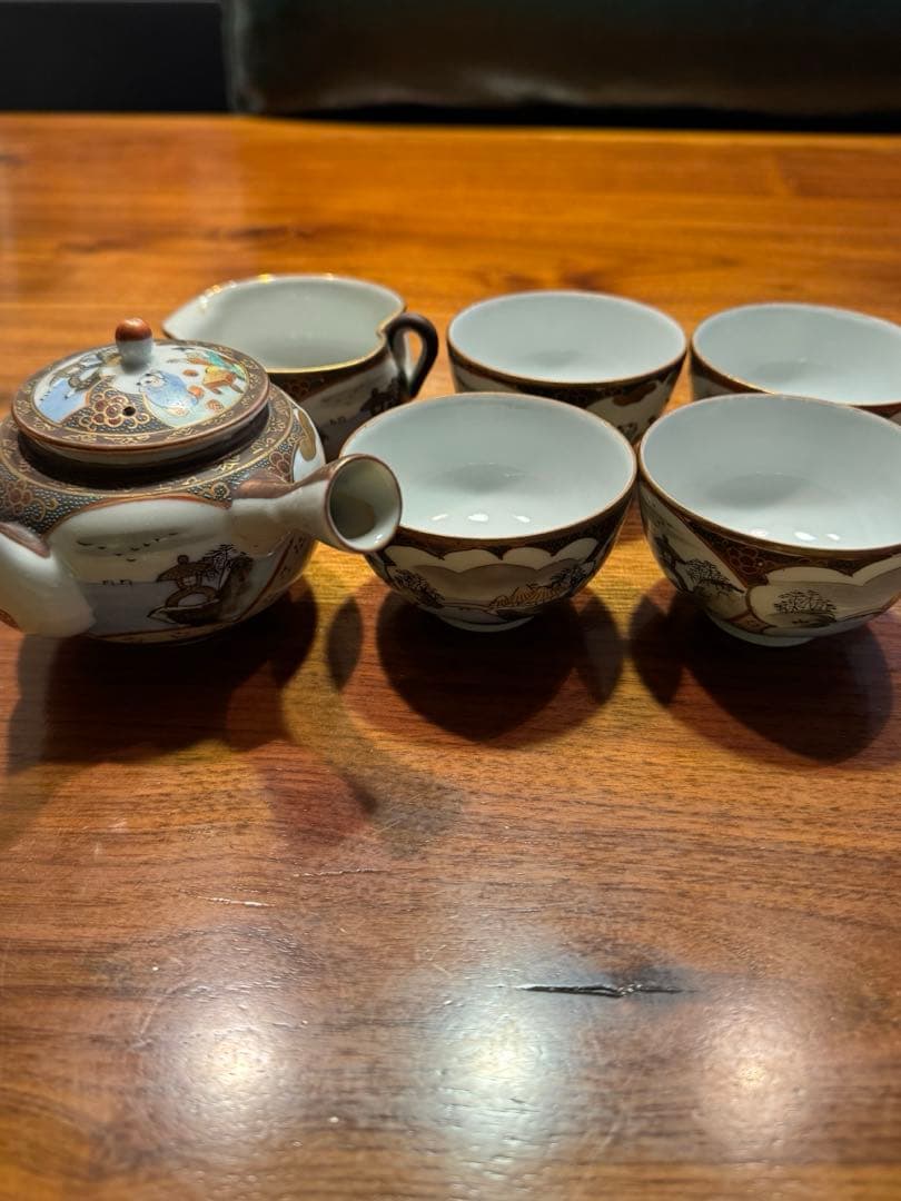 【希少品】大正期　骨董品　古九谷　急須/ 湯冷まし/茶碗4客　青粒模様