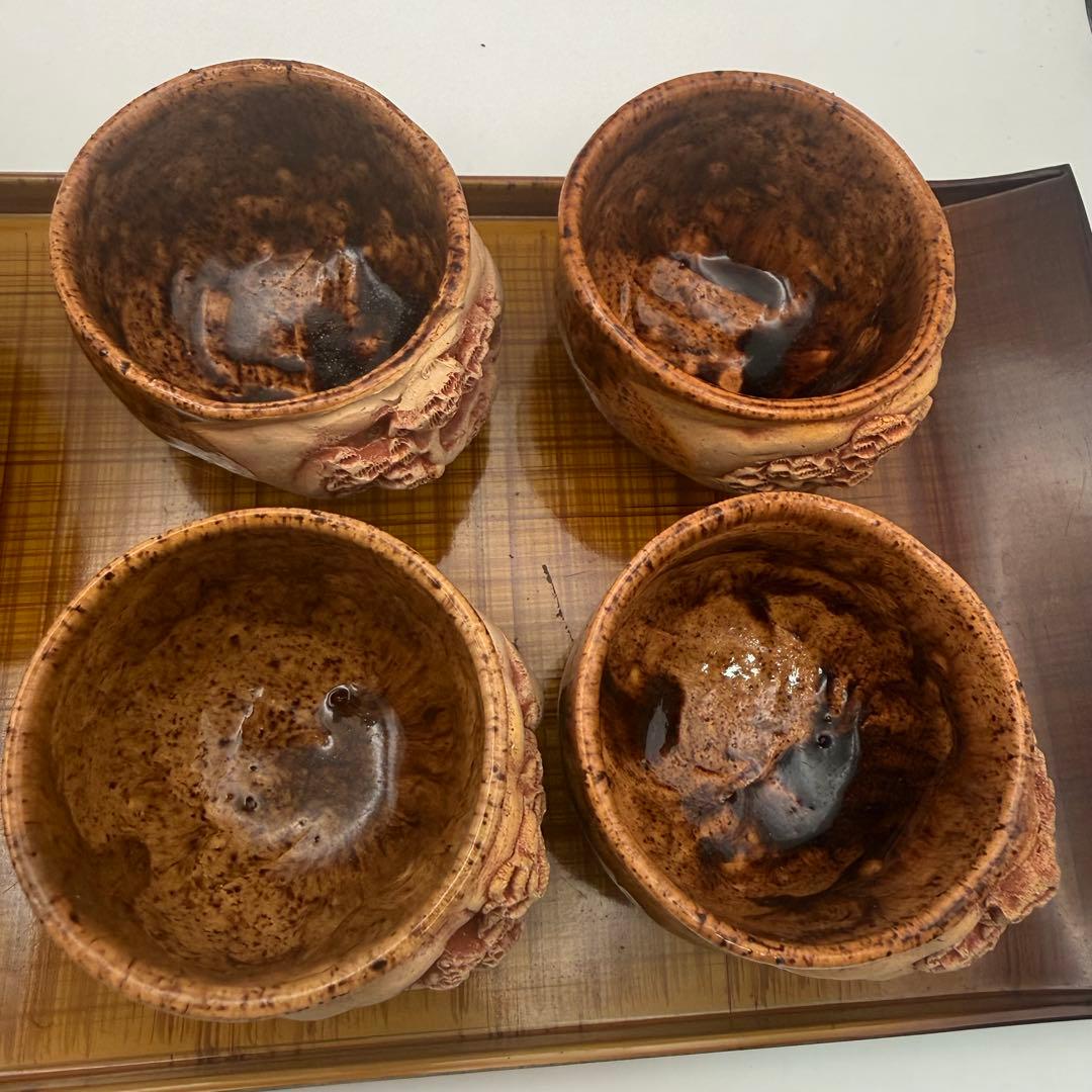 昭和レトロ 古陶 茶器セット 盆付 籐取手 民芸陶器 堀込洞窟松紋彫　煎茶道具