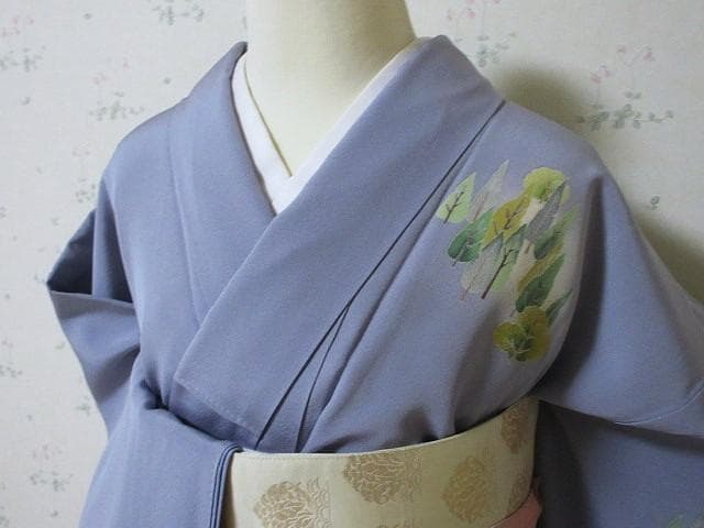 訪問着：美品：白梅と石庭と森：ブルーグレー：袷正絹：P8