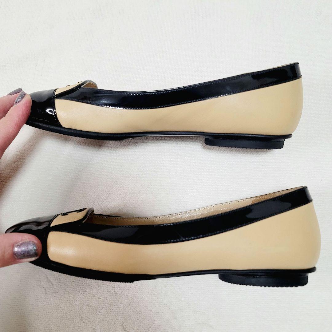 美品☆CHANELココマークバイカラーレザーエナメルフラットシューズパンプス