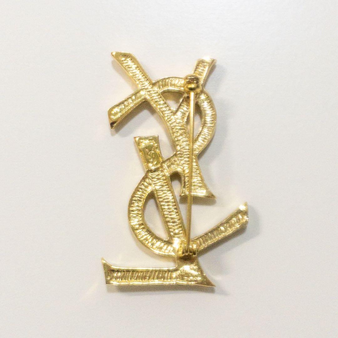 YSL イブサンローラン ロゴ ラインストーン ブローチ ゴールド
