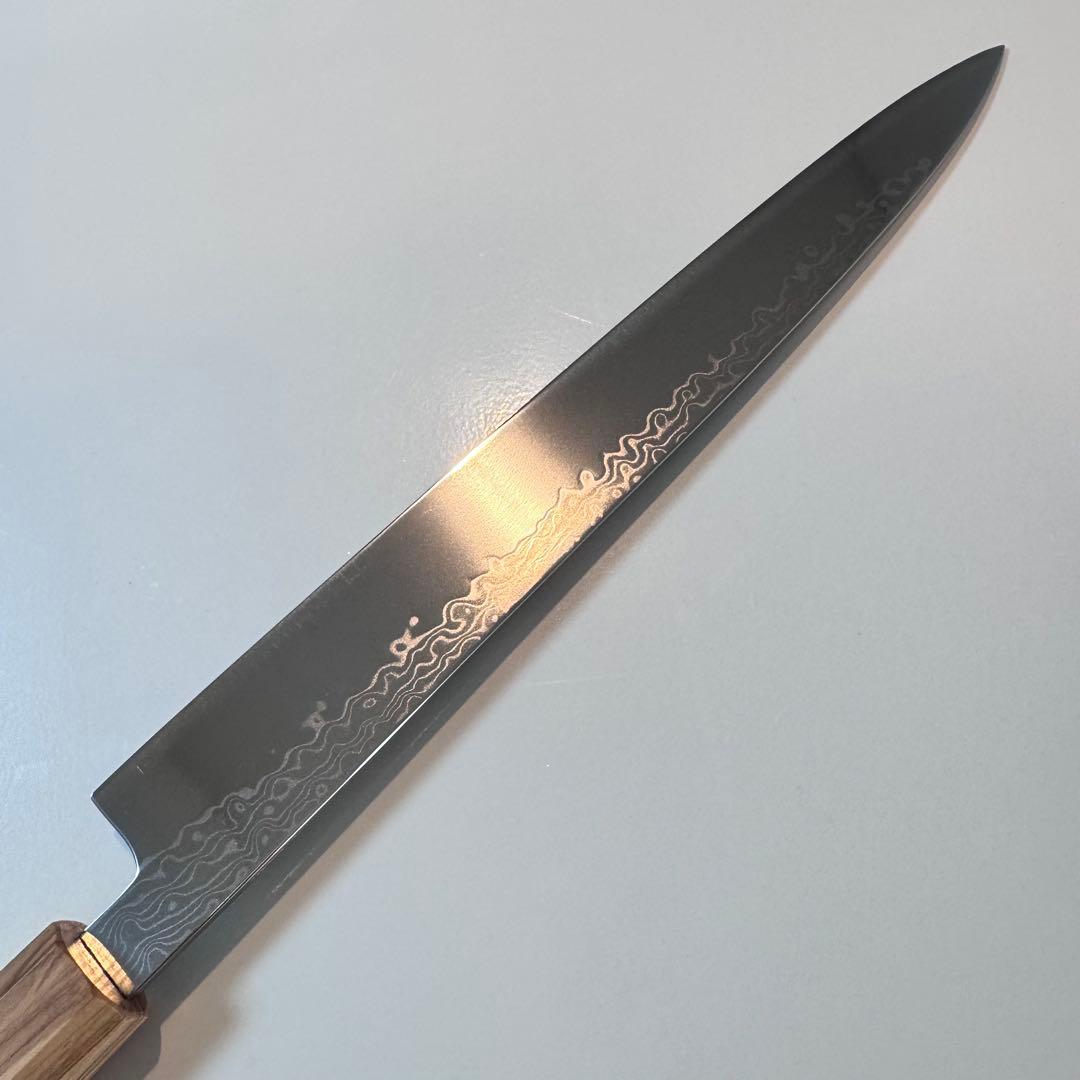 270mm ダマスカス墨流し柳刃包丁 オリーブウッド八角柄 鏡面仕上げ 刺身用