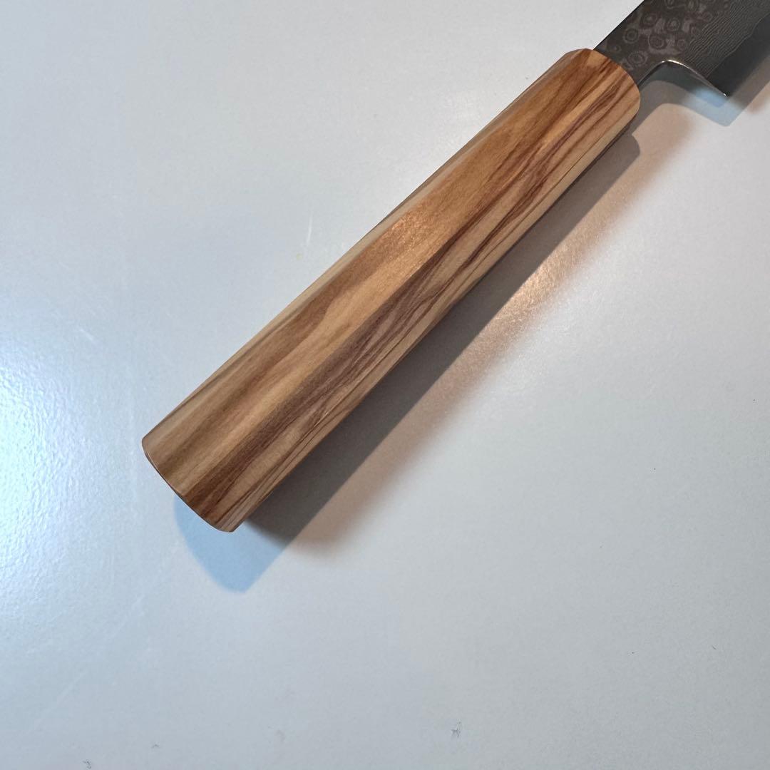 270mm ダマスカス墨流し柳刃包丁 オリーブウッド八角柄 鏡面仕上げ 刺身用