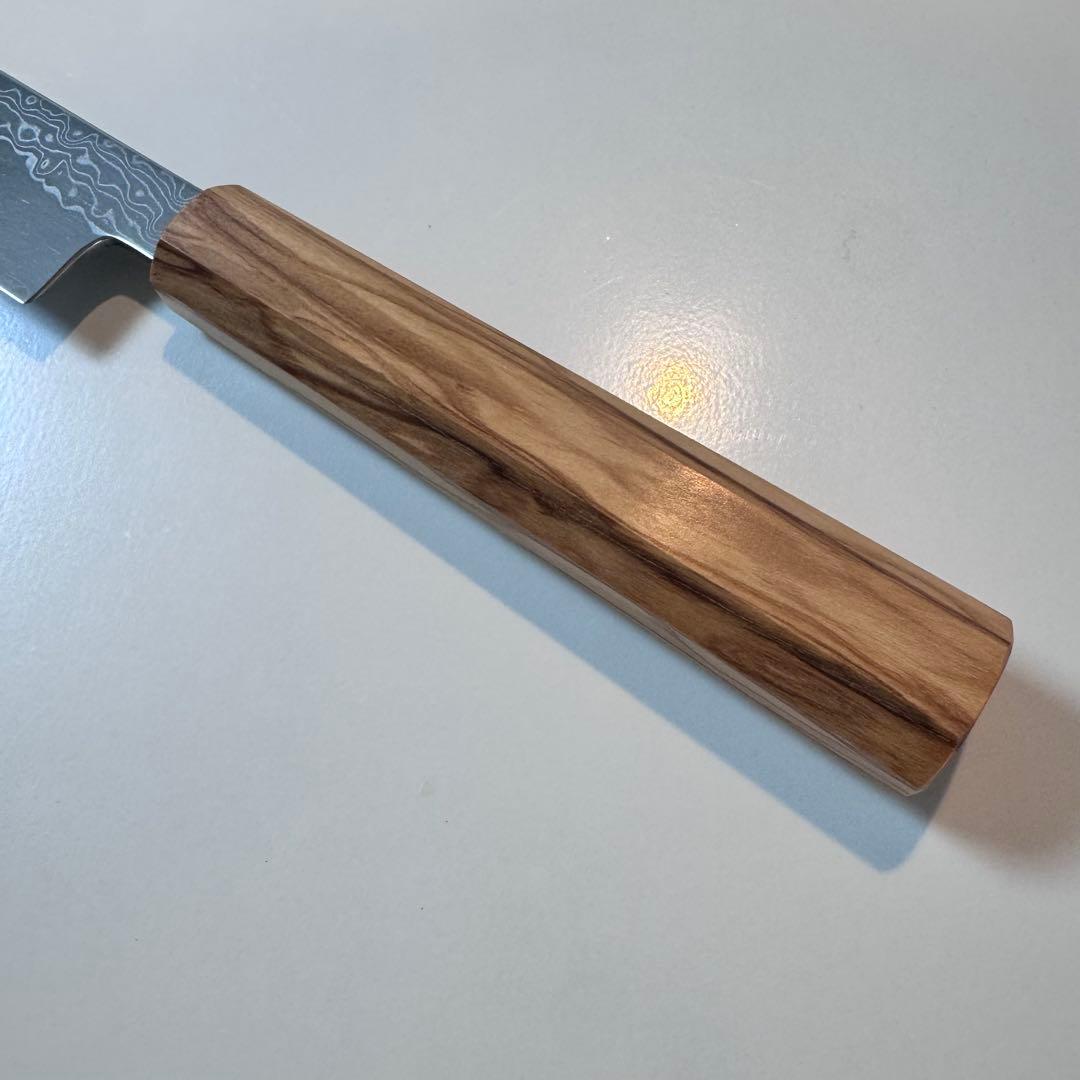 270mm ダマスカス墨流し柳刃包丁 オリーブウッド八角柄 鏡面仕上げ 刺身用