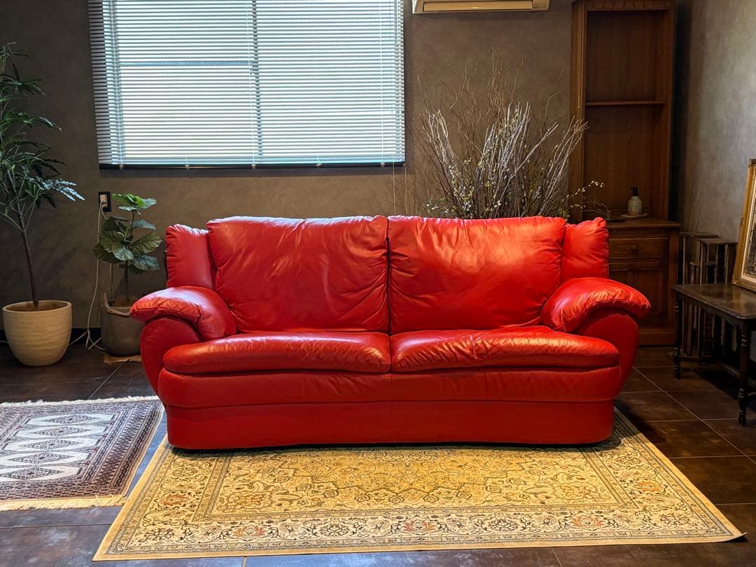 カウチソファ　レッドソファ　3P　モダン　クラシック　シンプル　レザー　IG