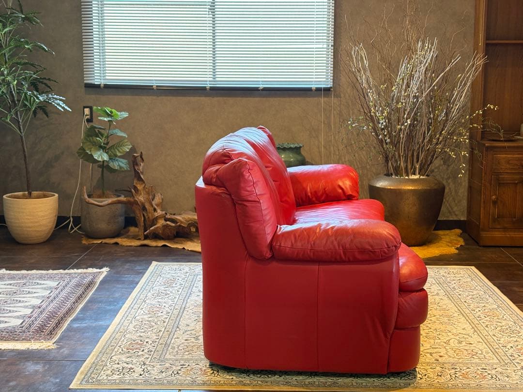 カウチソファ　レッドソファ　3P　モダン　クラシック　シンプル　レザー　IG