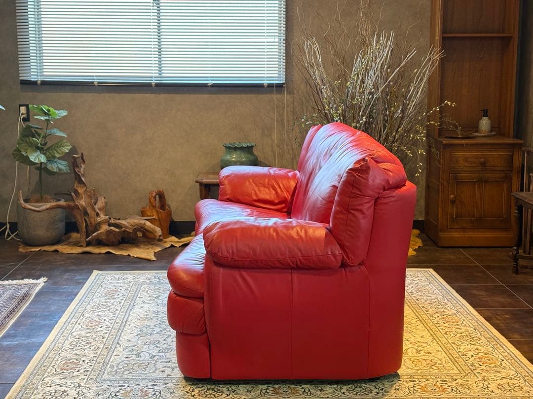 カウチソファ　レッドソファ　3P　モダン　クラシック　シンプル　レザー　IG