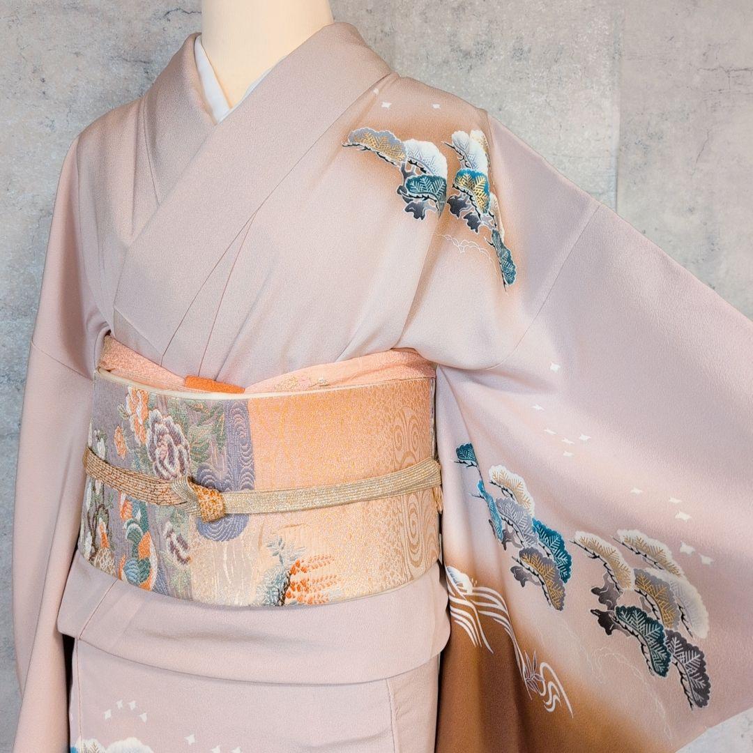 訪問着　フルセット　着物　正絹　金彩加工　松波鶴　祝い事　F2