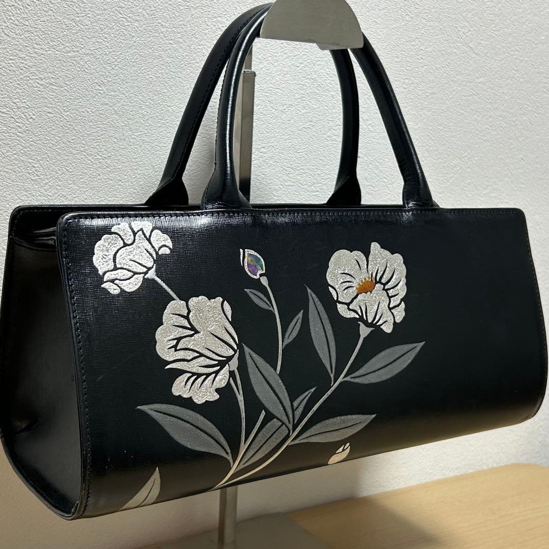 坂本これくしょん 蒔絵レザーバッグ ハンドバッグ 花柄刺繍 美品