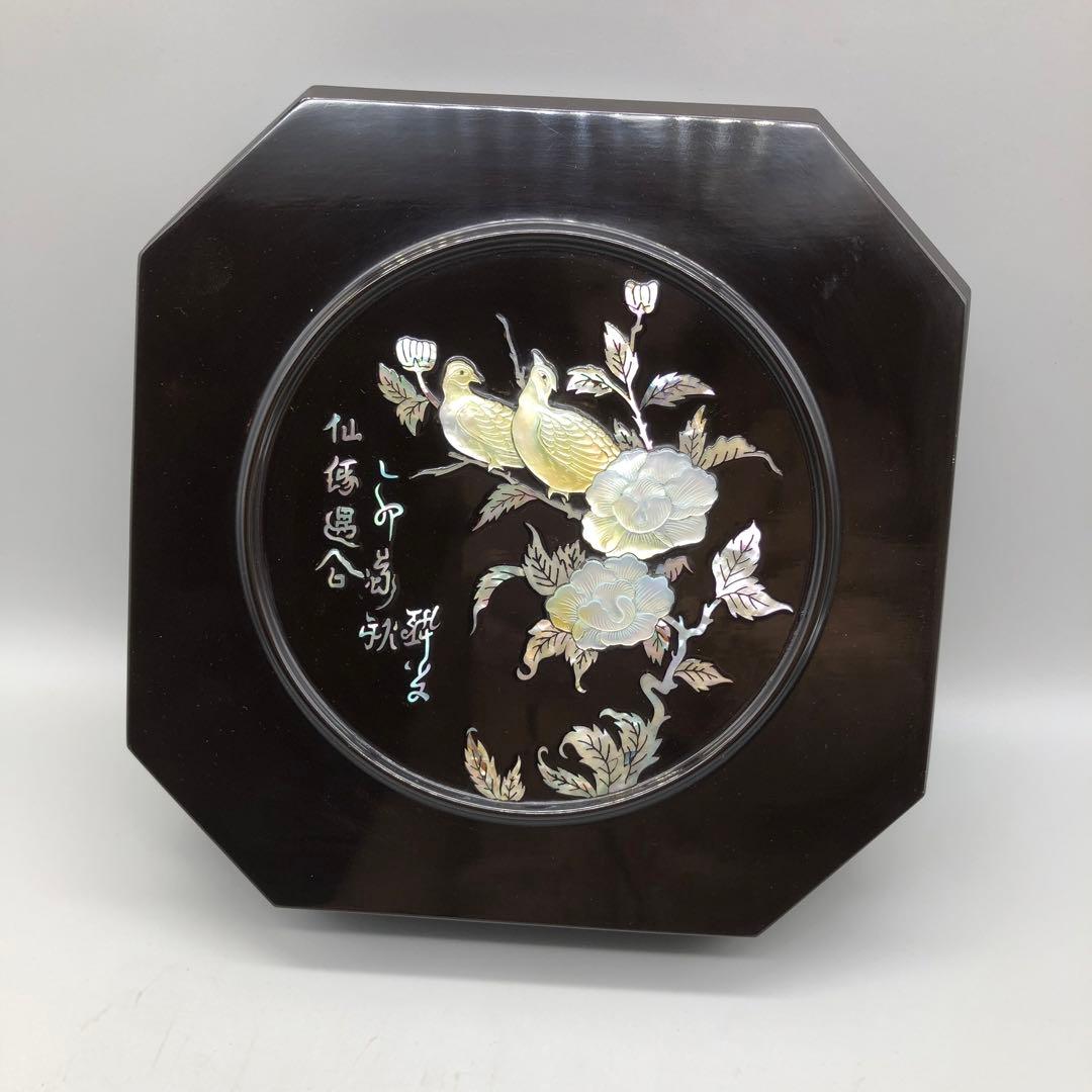 螺鈿細工らでんざいく鳥お花貝殻装飾八角形黒漆器重箱菓子箱23cm伝統工芸品