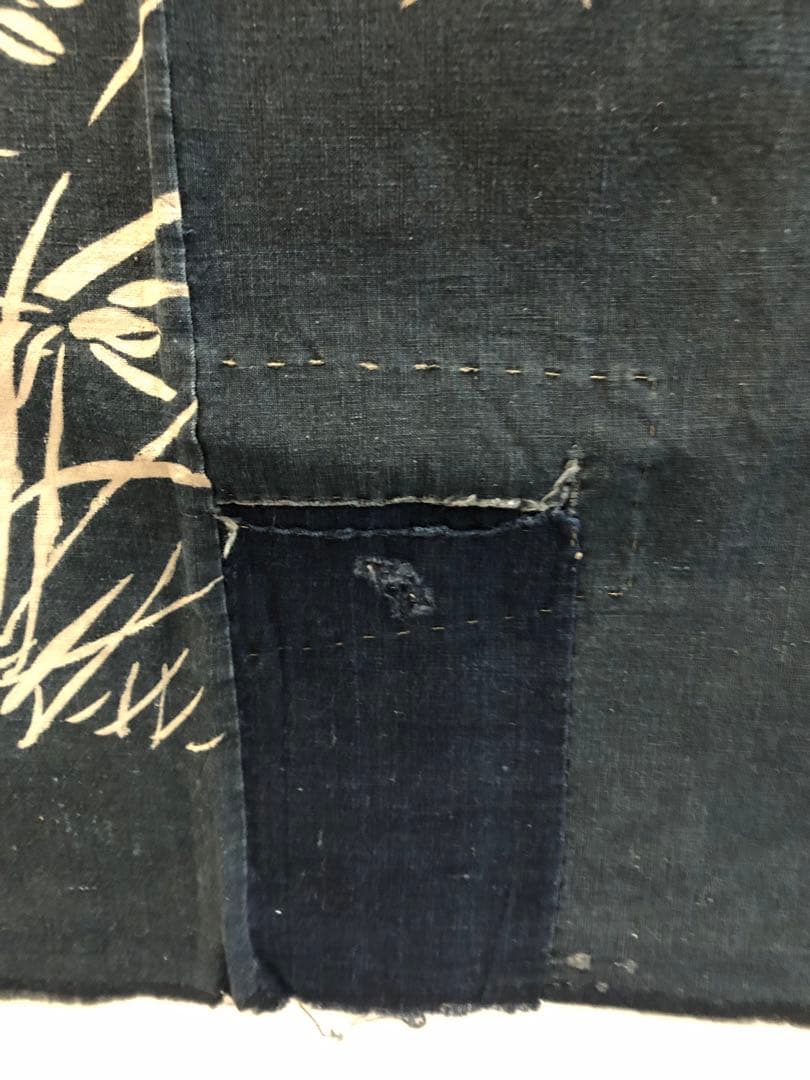 藍染筒描き三巾加賀のれん時代物木綿古布　ソ-229