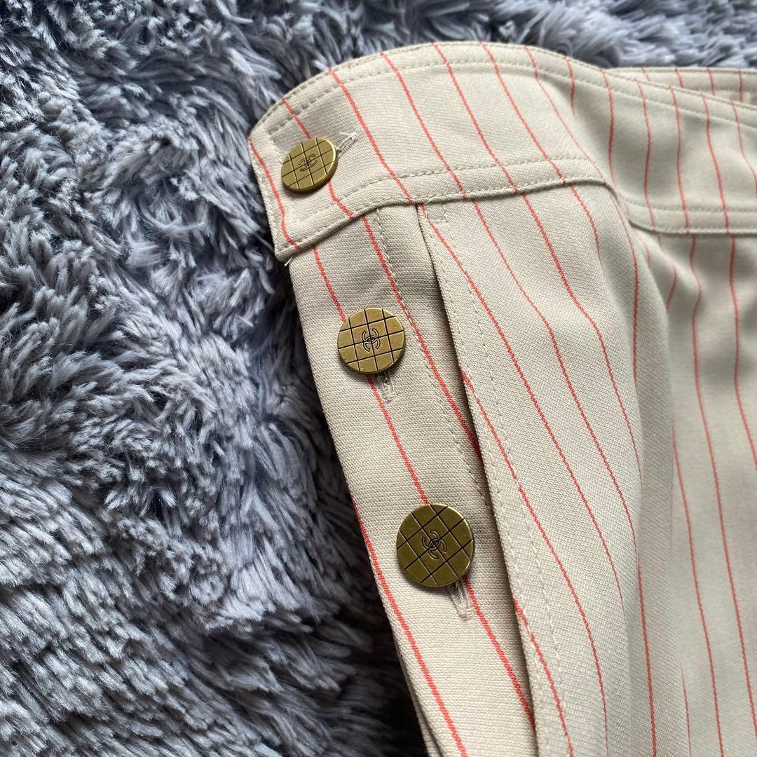 シャネル ココボタン 羊毛 サイズ42 ワイドパンツ オレンジストライプ