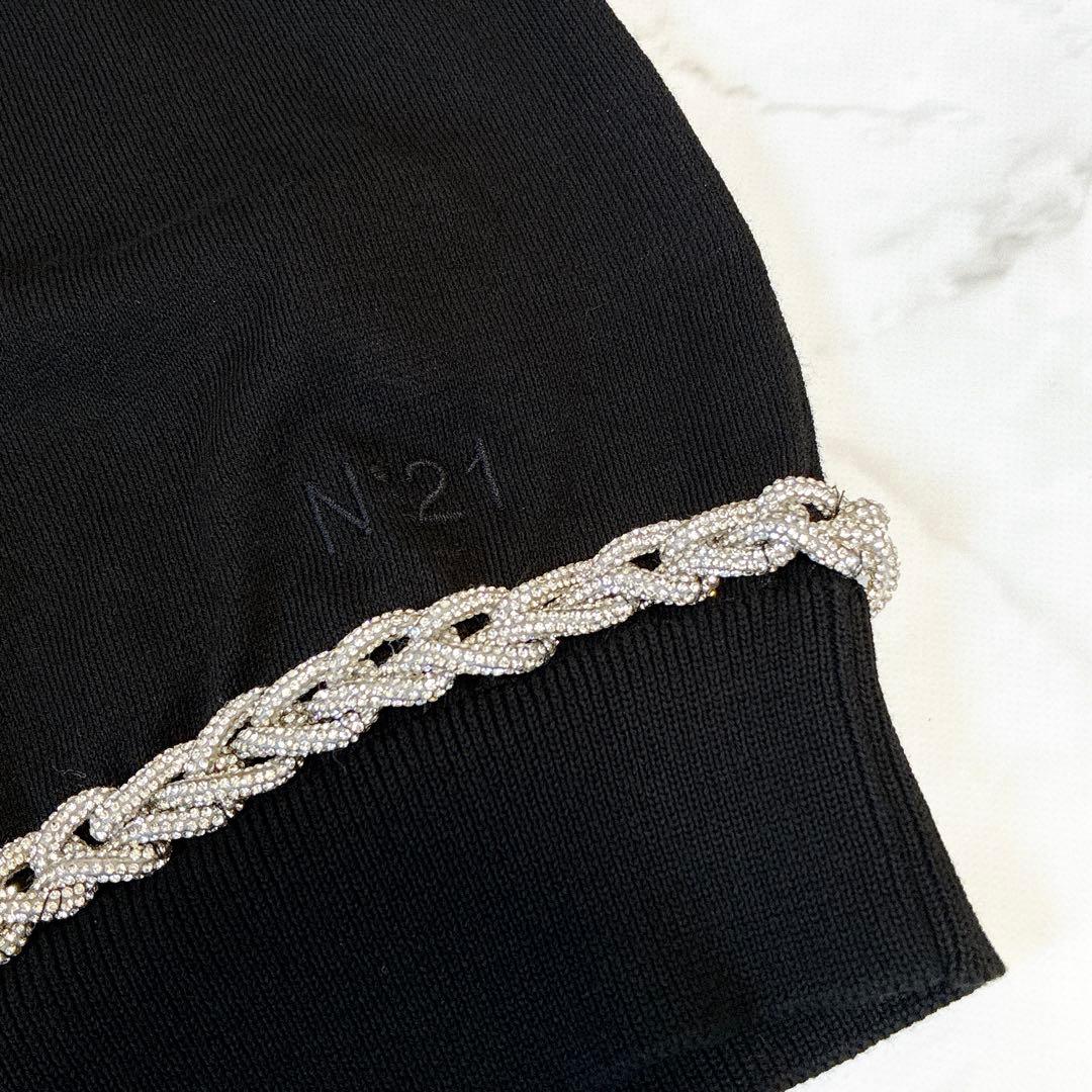 N°21 カーディガン　チェーン　ラインストーン　ロゴ刺繍　イタリア製　ブラック