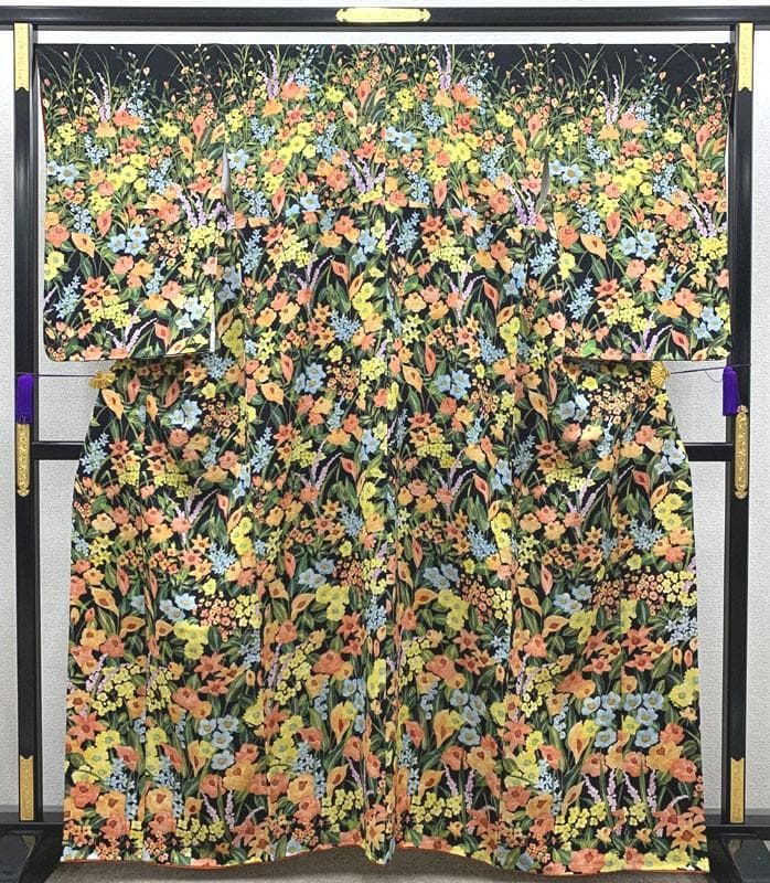 507mk62〇一方付け 付下げ小紋 鮮やかな花文 ややふくよかサイズ〇美品