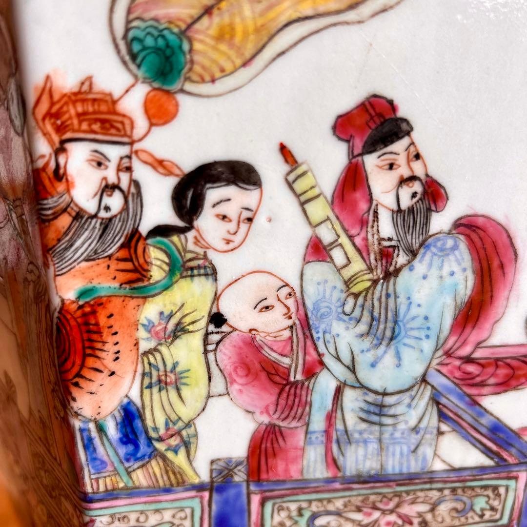 粉彩大花瓶 仙人図絵 花文双耳 八角瓶 珍品 中国