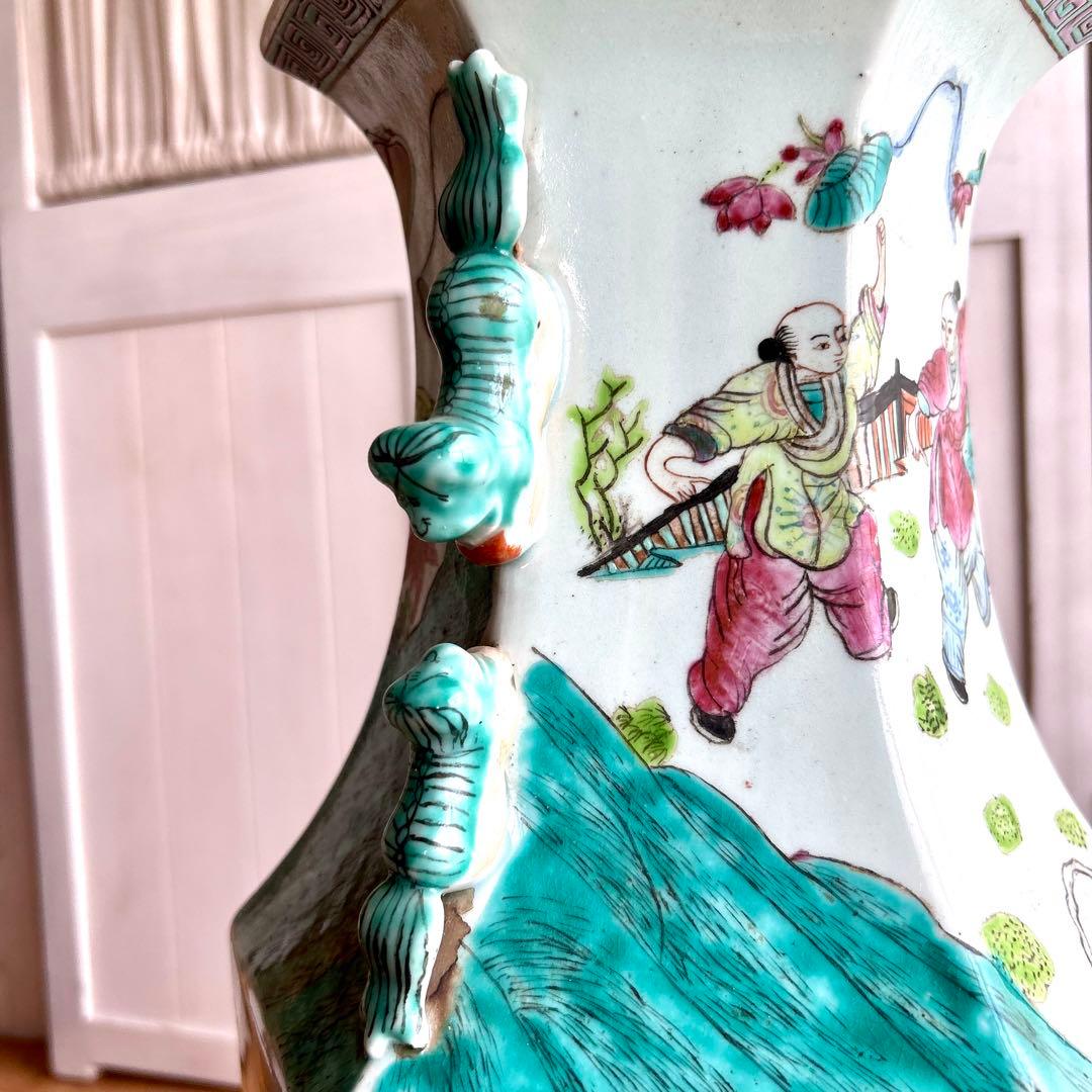 粉彩大花瓶 仙人図絵 花文双耳 八角瓶 珍品 中国