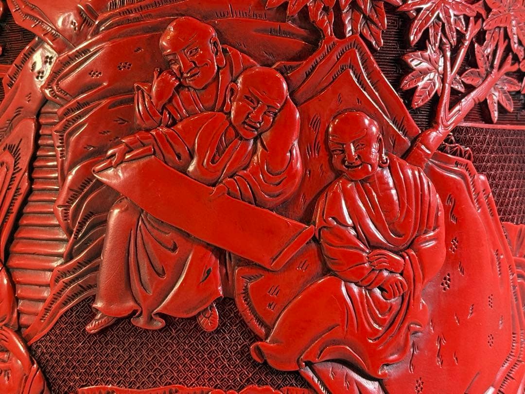 中国 堆朱 刻人物 筒 文房四宝