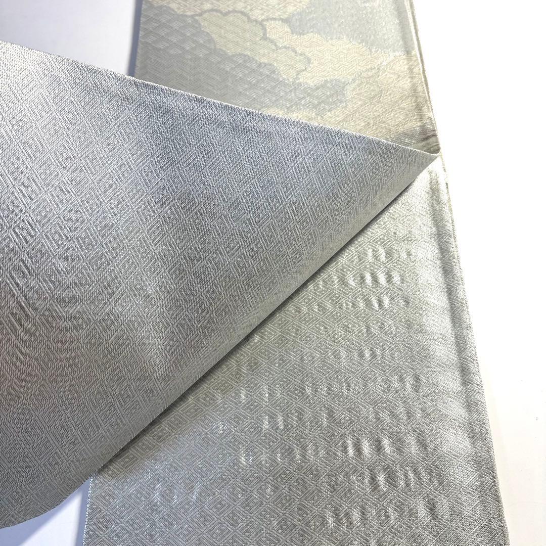 6k115 袋帯　絹　佐賀錦　菱文　銀色　白　柄物　和装　着物