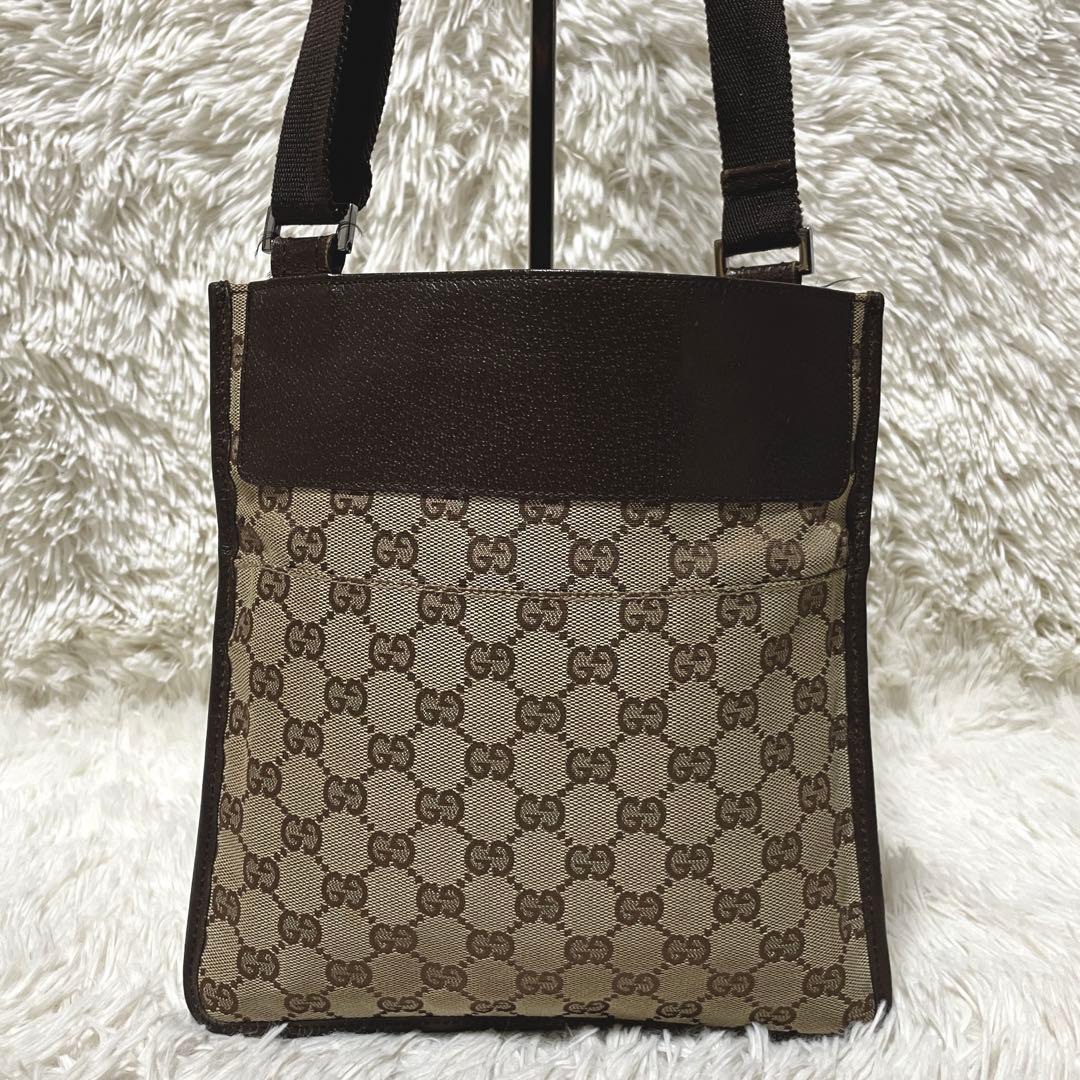 【美品】GUCCI グッチ　ショルダーバッグ　キャンバス　レザー　斜め掛け　茶