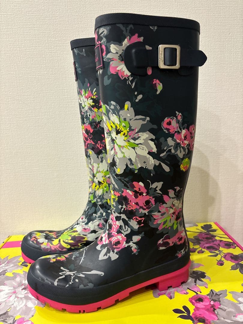 【美品】Joules フラワープリント 長靴 紺・ピンク