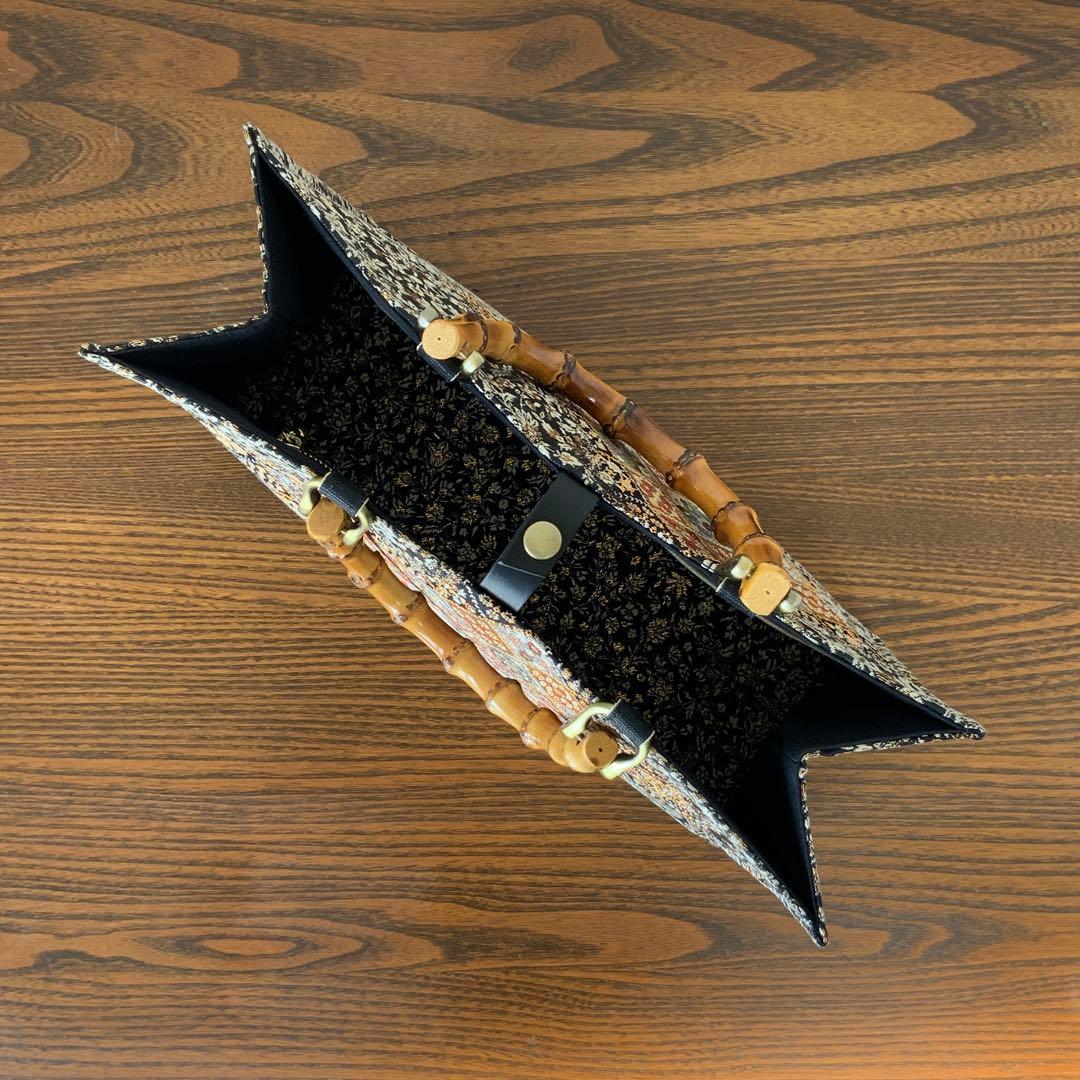 きらめく菱花文の帯　リメイク　バンブーハンドルバッグ　浅型マチ広め