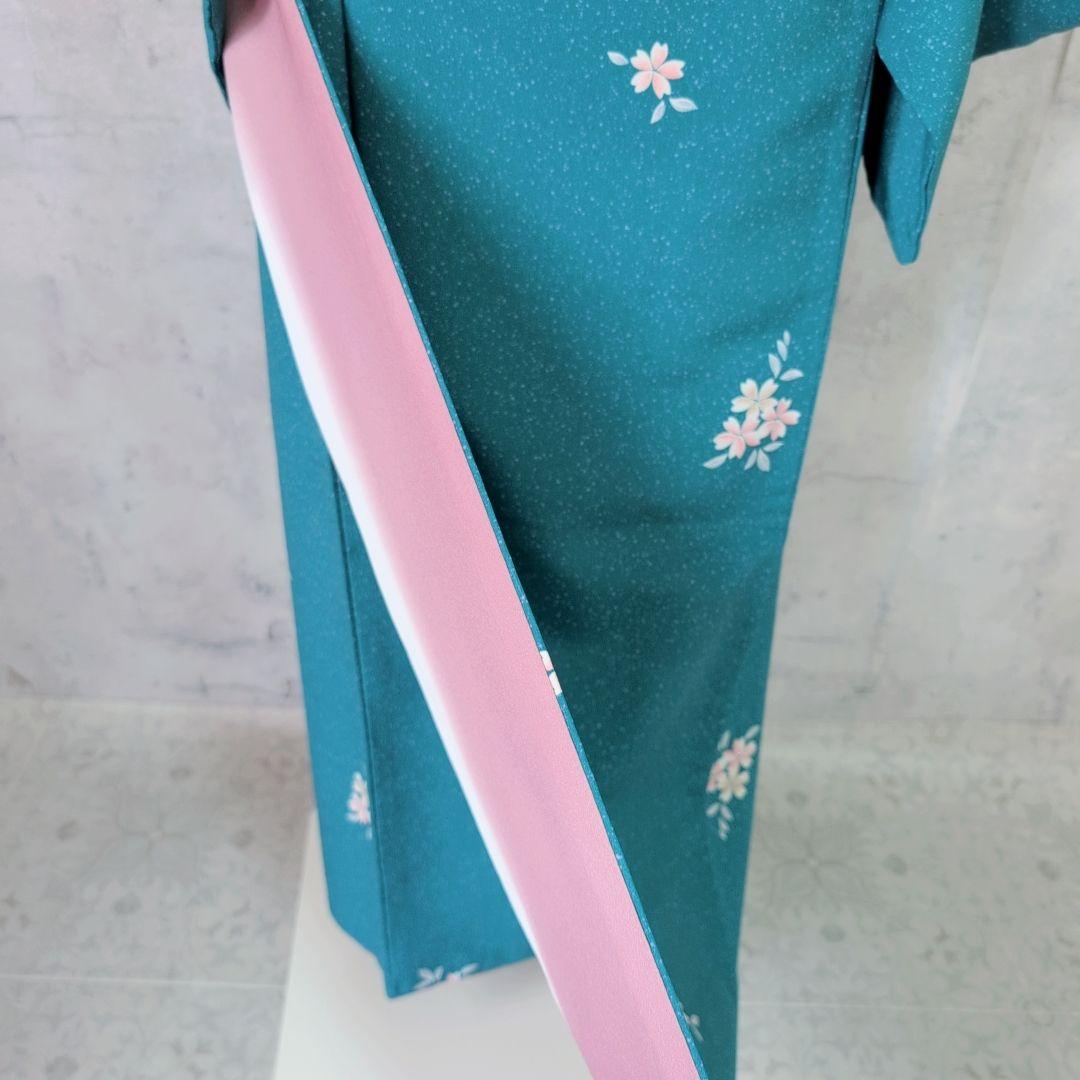 小紋　フルセット　着物　青緑　桜　着物美品　F5