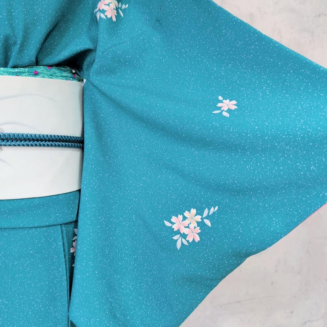 小紋　フルセット　着物　青緑　桜　着物美品　F5