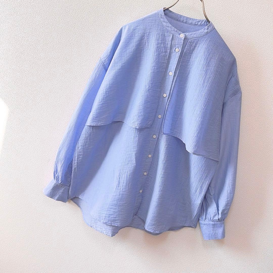 ✨定価2.2万円✨ビアズリー　レイヤードシャツ　バンドカラー　とろみ素材　ブルー