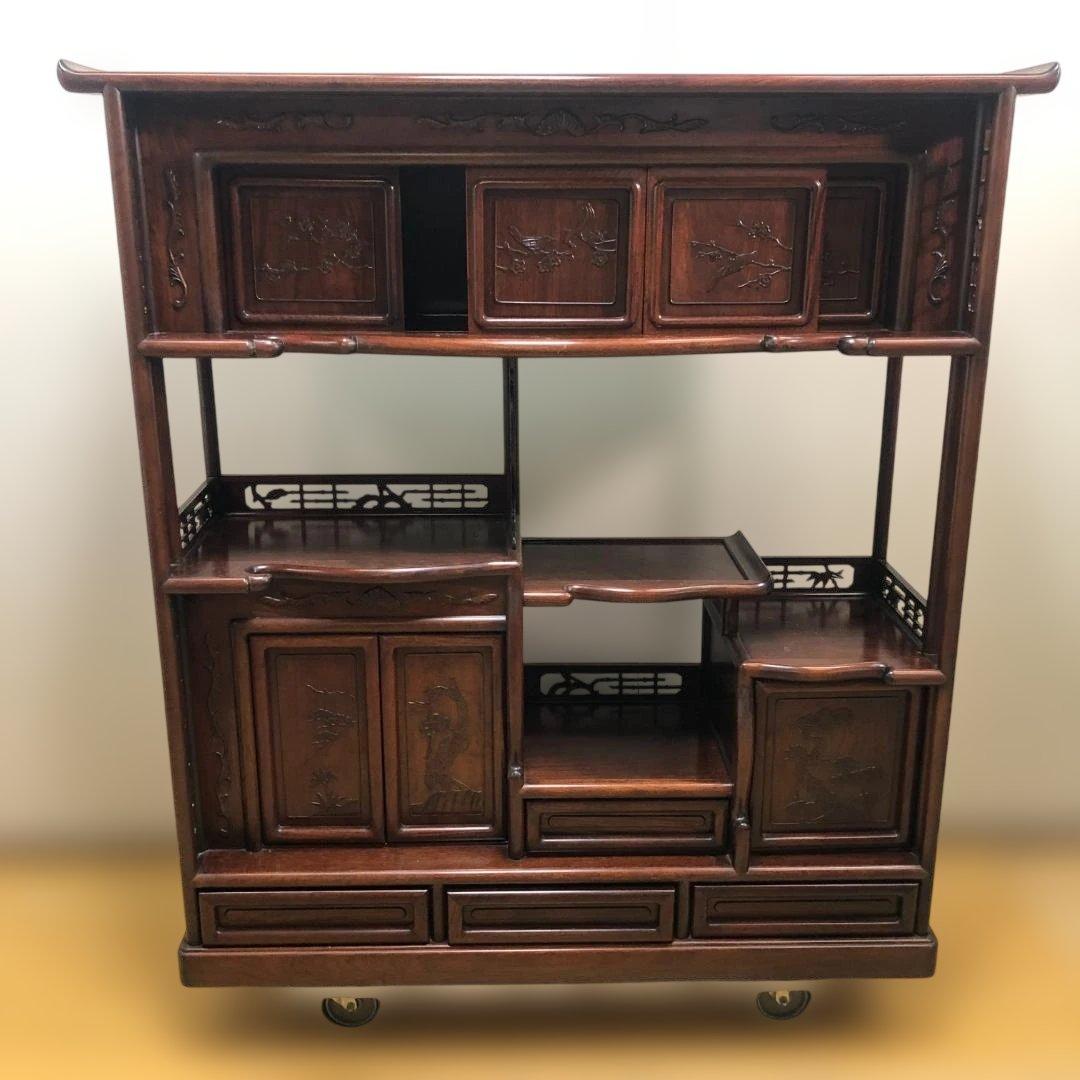 中国家具 唐木 飾り棚 茶棚 木製 彫刻 透かし彫り 収納棚 260126-3