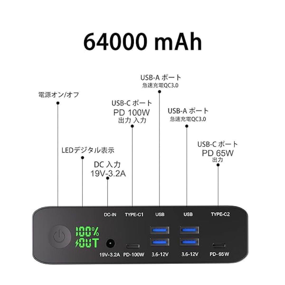【急速充電】64000mAh 100W PDモバイルバッテリー 大容量