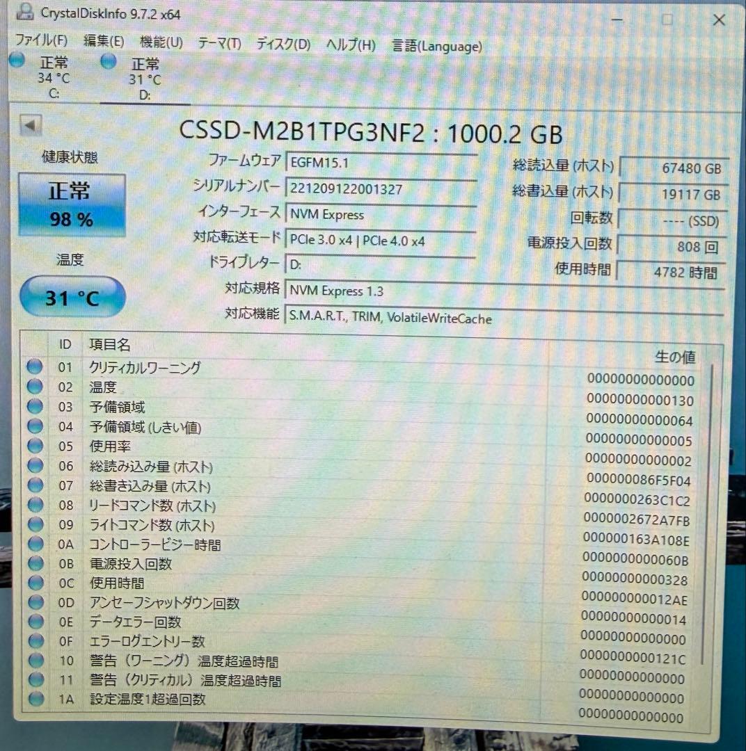 内蔵型SSD CFD PG3NF2 NVME PCIe Gen4x4 M.2SSD1000GB