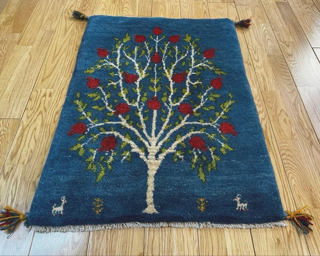 【年末キャンペーン】ペルシャ　ギャッベ 玄関　90×63 藍色　ザクロの木