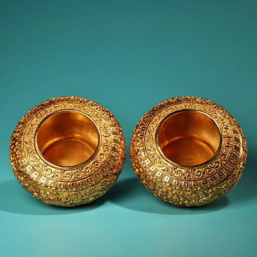 中国古美術・旧蔵収鎏金龍缶一対・純銅细密彫・純手作り・高浮彫・置物・酒器・茶道具